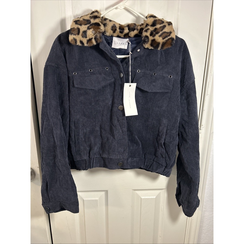 NWT Lush Corduroy Jacket Blue With Leopard Faux Fur Collar Size S Missing Button